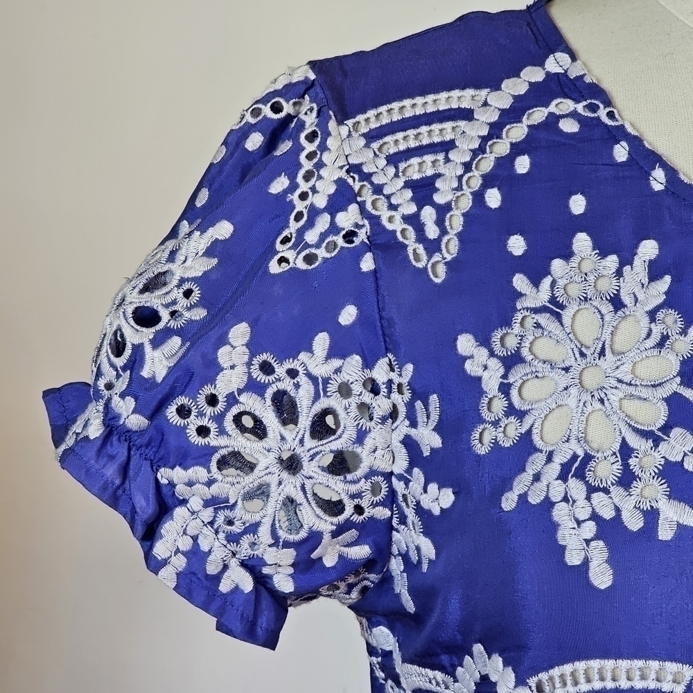 Witchery Silk Puff Sleeve Eyelet Purple Blue Top Size 10 - Picture 4 of 14